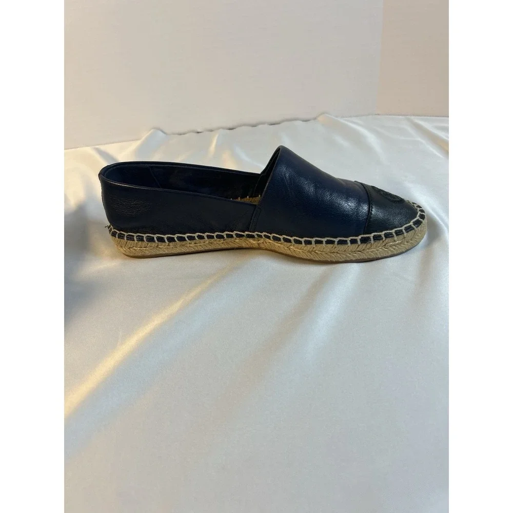 Tory Burch Women Navy Black Leather Cap Toe Espadrille Flats Sz 7 Elegant Preppy